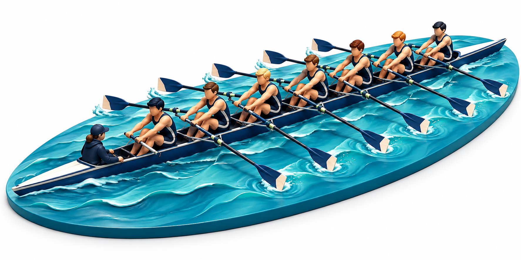 Stylized diorama of a rowing crew moving together across the water